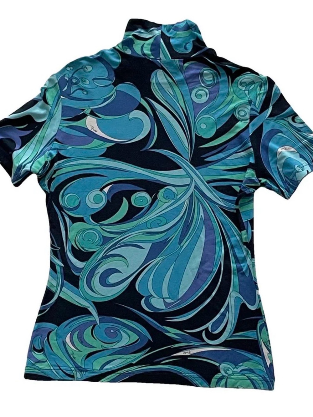 Emilio Pucci Short-Sleeve Mock Neck Top in Blue and Teal Swirl Print